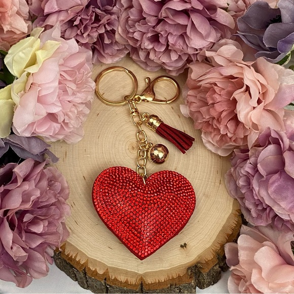 Red Rhinestone Heart Pendant with Tassel Keychain Charm - Picture 2 of 9